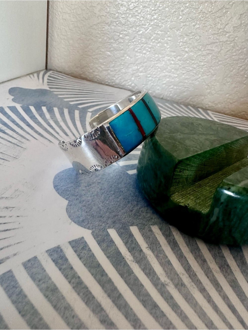 Vintage Native American Sterling Silver Turquoise Inlay Heavy Cuff Bracelet - Picture 4 of 16